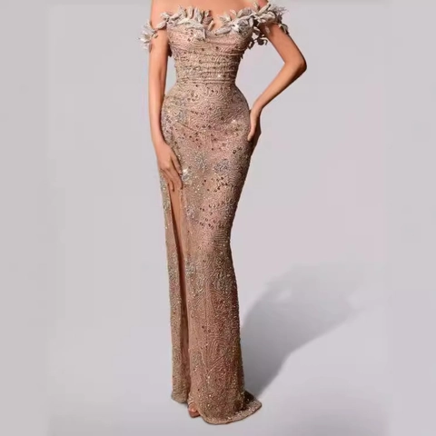 Off Shoulder Abendkleid Pailletten Perlen 3D Blatt Applikation Schlitz Bodenlang Elegantes Maxi Kleid Damen