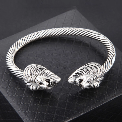 Lion Head Open Cuff Bangle Alloy Twisted Rope Retro Punk Style For Men Antique Silver