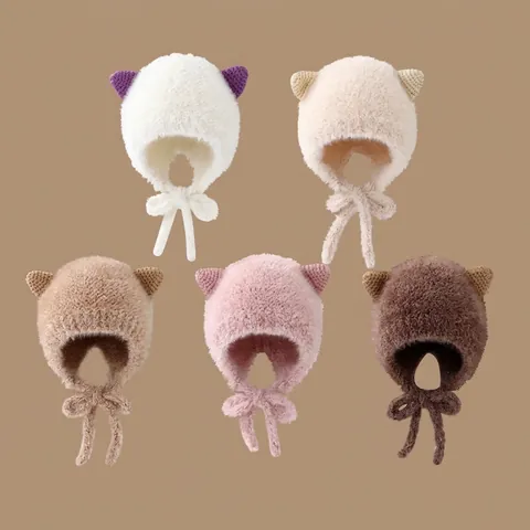 Kids Winter Plush Earflap Hat Faux Fur Warm Windproof Cat Ears Pullover Beanie With Straps For Toddler Girls Boys