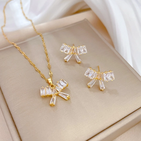Schleifen Schmuckset Titanstahl Kupfer Zirkonia Mit Silber Ohrstecker Vergoldet Luxus Party Damen