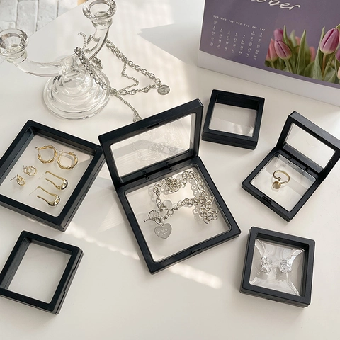 PE Film Suspension Jewelry Display Box Floating Storage Case Anti-Oxidation Portable Square Plastic Holder For Rings Earrings