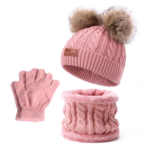 Knit Hat Neck Warmer And Gloves Cable Knit Thermal Warm Fleece Lined Double Faux Fur Pom Poms For Toddler Baby Kids