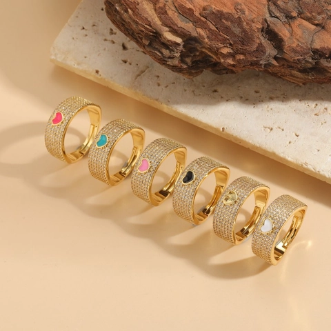 Bague Ouverte Réglable Forme De Cœur Émail Coloré Cuivre Plaqué Or 14K Pavé De Zircone Pour Femme Mode