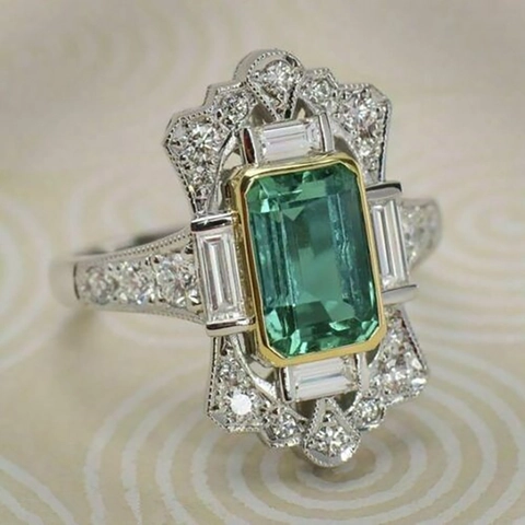 Anillo Retro Art Deco Mujer Cobre Talla Esmeralda Circón Verde Lujo Bicolor Geométrico Cuadrado Joyería Accesorios Regalo