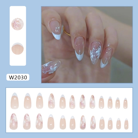 Press On Nails White French Tips Floral Pattern Fine Glitter Almond Shape Elegant ABS Artificial False Nails For Women