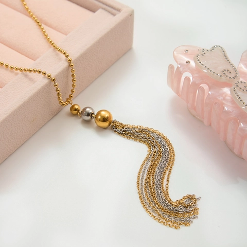 Collier Pendentif Longue Frange En Acier Inoxydable Plaqué Or 18K Deux Tons Chaîne À Billes Bijoux Pull Géométrique Femmes