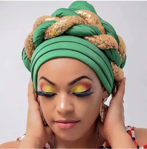 African Women Turban Cap Braided Sequin Head Wrap Metallic Ethnic Hijab Headwear Fashion Decorative Headpiece