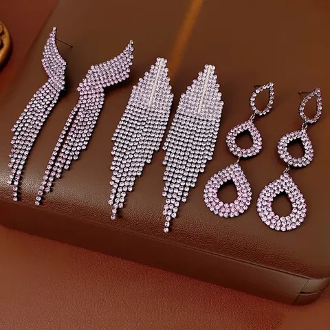 Orecchini Pendenti Con Nappe Geometriche Per Donna Con Strass Viola Rame E Perno In Argento Gioiello Elegante
