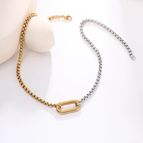 Stainless Steel Necklace Two Tone Asymmetric Chain 18K Gold Plated Textured Oval Pendant Modern Jewelry Women