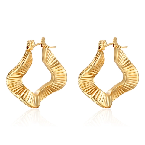 Pendientes de Aro Ola Irregular Acero Inoxidable Baño Oro 18K Plisado Geométrico Estilo Vintage Mujer