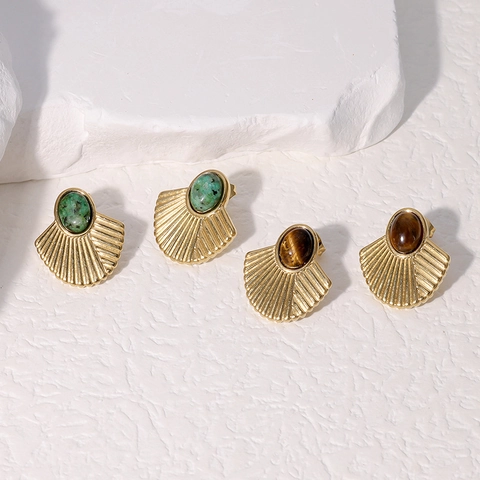 Vintage Fan Shaped Stud Earrings 18K Gold Plated Stainless Steel With Natural Stone Tiger Eye African Pine For Women