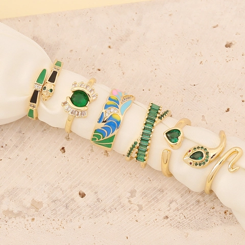 Adjustable Open Rings For Women Copper Zircon Inlaid Heart Snake Shape Enamel Vintage Fashion Jewelry Accessory