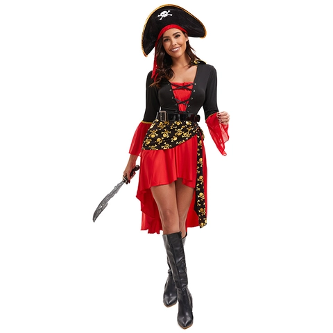 Déguisement Pirate Femme Halloween Cosplay Robe Et Chapeau Ceinture Lacets Ourlet Irrégulier Polyester Tenue Fête