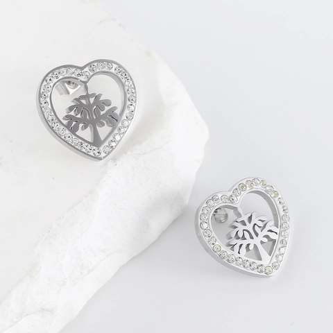 Pendientes De Botón Corazón Árbol De La Vida Acero Inoxidable 304 Strass Incrustado Joyería Elegante Para Mujer