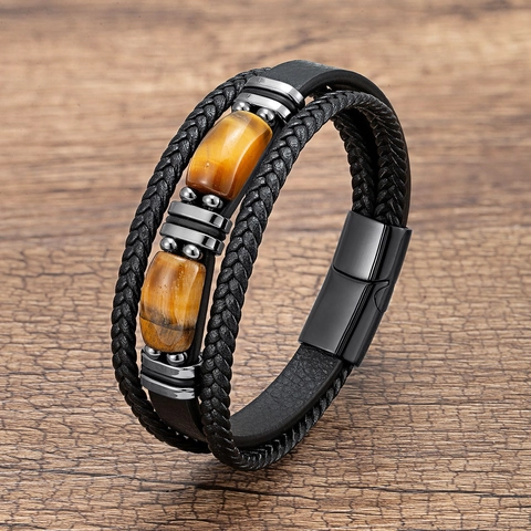 Pulsera Multicapa De Cuero Trenzado Para Hombre Con Piedra Ojo De Tigre Natural Cierre Magnético De Acero Inoxydable