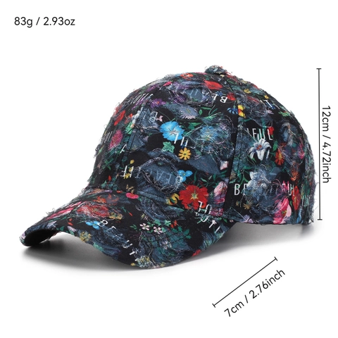 Distressed Floral Baseball Cap Retro Letter Print Adjustable Outdoor Sun Shade Hat For Women Polyester Fabric