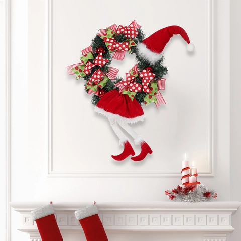 Corona De Navidad Piernas De Papá Noel Sombrero Decoración Colgante Cinta De Malla Luces LED Decoración De Pared