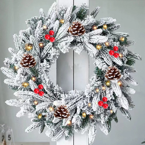 Christmas Wreath Pre-Lit LED Lights Snowy Pine Needles Pine Cones Red Berries Battery Operated Front Door Wall Hanging