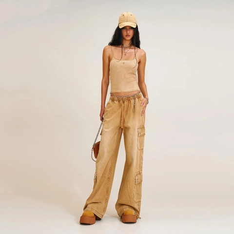 Women Retro Cotton Denim Cargo Pants Multi Pockets Loose Drawstring Wide Leg Streetwear Vintage Trousers