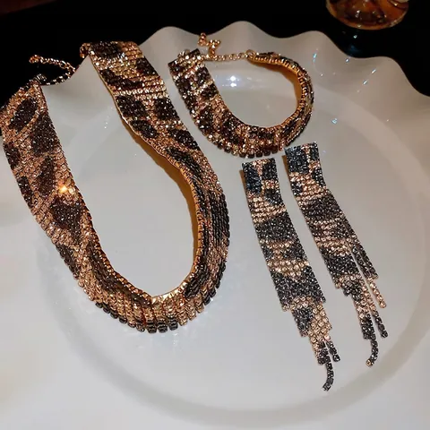Leopard Muster Schmuck Kupfer Strass Choker Halskette Lange Quasten Ohrringe Verstellbares Armband Damen Mode Party