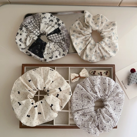 Oversized Scrunchies Cotton Fabric Floral Print Bow Pattern Korean Style Elastic Hair Ties Ponytail Holder Women Girls