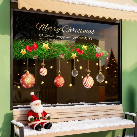 Christmas Window Clings Static Stickers PVC Removable Double Sided Pine Branch Ornaments Decor For Glass Showcase
