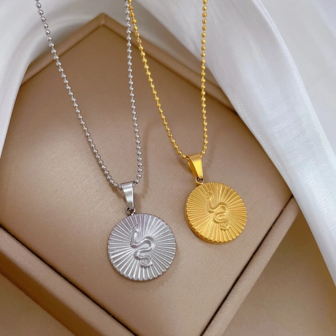Snake Pendant Necklace Titanium Steel Round Medallion Sunburst Vintage Minimalist Gold Plated Jewelry For Women Men