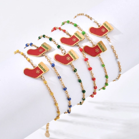 Christmas Stocking Pendant Bracelet Stainless Steel Enamel Colored Beads Holiday Festive Jewelry For Women