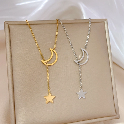 Collana Lariat A Forma Di Y Stella E Luna Acciaio Inossidabile 304 Strass Catena Clavicola Geometrica Minimalista Per Donna