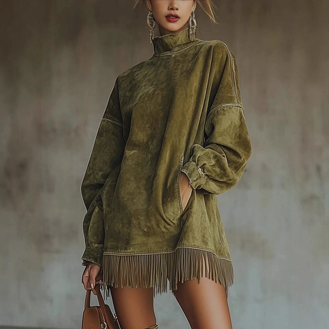 Suede Texture Midi Dress With Fringe Tassel Hem High Neck Long Sleeve Loose Fit Casual Streetwear For Women Solid Color