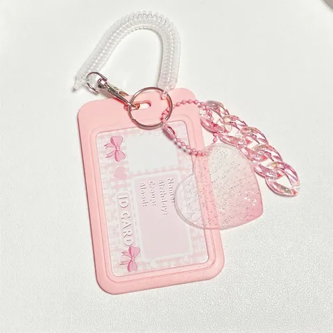 Kawaii ID Card Holder Plastic Badge Case With Spiral Wristband Heart Cloud Charms Glitter Bus Card Cover For Students