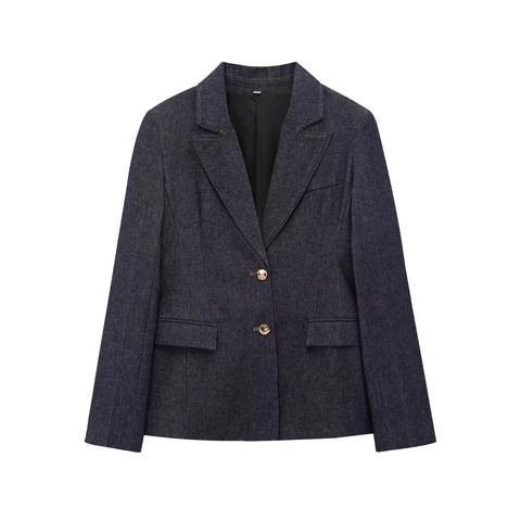 Damen Denim Blazer Peplum Bustier Top Und Weite Hose Dunkelblau Streetwear Outfit Eleganter Street Style Mode