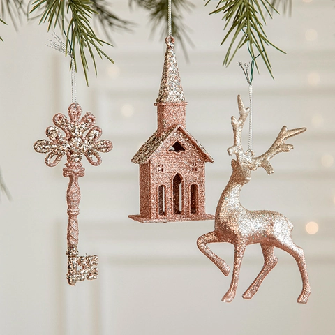 Χριστουγεννιάτικα Κρεμαστά Στολίδια Glitter Rose Gold Διακοσμητικά Δέντρου Τάρανδος Εκκλησία Νιφάδα Χιονιού Σχήματα Γιορτή