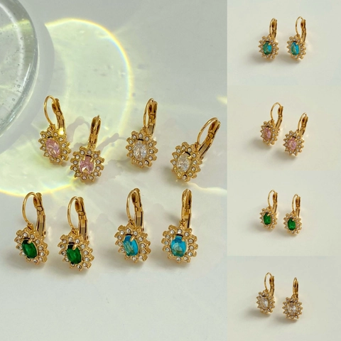 Vintage Sunflower Leverback Earrings Stainless Steel Oval Cubic Zirconia Halo Drop Jewelry For Women