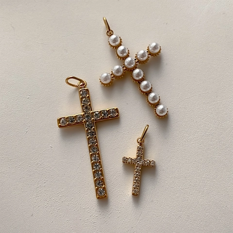 Stainless Steel Cross Pendant For DIY Jewelry Making Pave Rhinestone Artificial Pearl Gold Silver Religious Charm Accessory