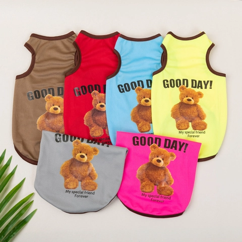 Pet Vest Summer Breathable Mesh Dog Cat Tank Top Cartoon Bear Print Soft Polyester Clothing For Small Medium Animals