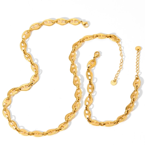 Set di Gioielli in Acciaio Inossidabile con Catena a Naso di Maiale per Donna Collana e Bracciale con Maglia ad Ancora Oro Argento