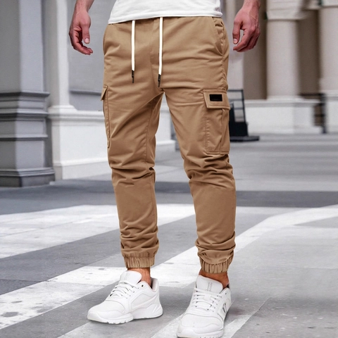 Pantaloni Cargo Uomo Joggers Taglio Conico Molte Tasche Poliestere Vita Elastica Coulisse Casual Vestibilità Aderente Streetwear