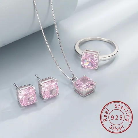 925 Sterlingsilber Schmuckset Für Damen Prinzessschliff Zirkonia Halskette Ohrringe Ring Luxus Quadratischer Stein Brautschmuck