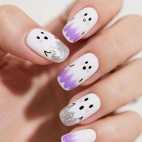 Halloween Press On Nails Pumpkin Ghost Bat Skull Spider Web Artificial Fake Nails For Party Cosplay Women