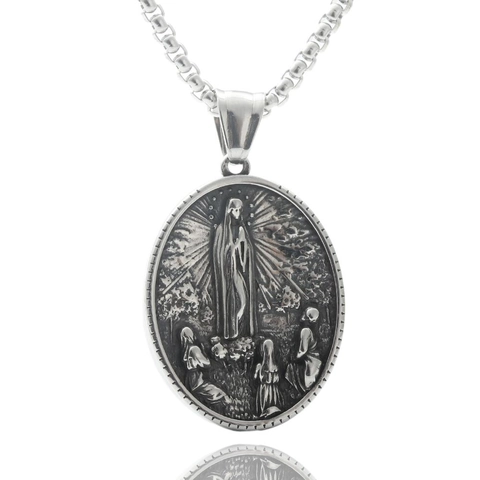 Collier Pendentif Religieux Rétro Acier Inoxydable Relief Ovale Vierge Marie Jésus Saints Style Punk