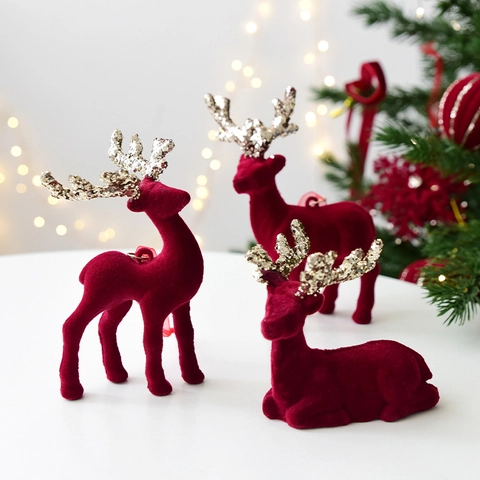 Burgund Beflockung Rentier Ornamente Mit Glitzer Geweih Für Weihnachtsbaum Und Tischdekoration Festlich