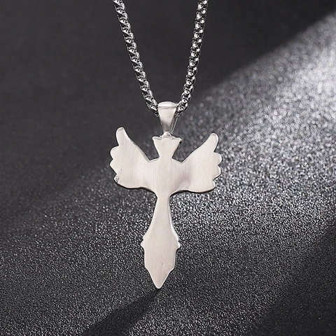 Pendentif Croix Cœur Ailes D'Ange Vintage Acier Inoxydable Style Punk Gothique Bijoux Charme Accessoire Pour Hommes