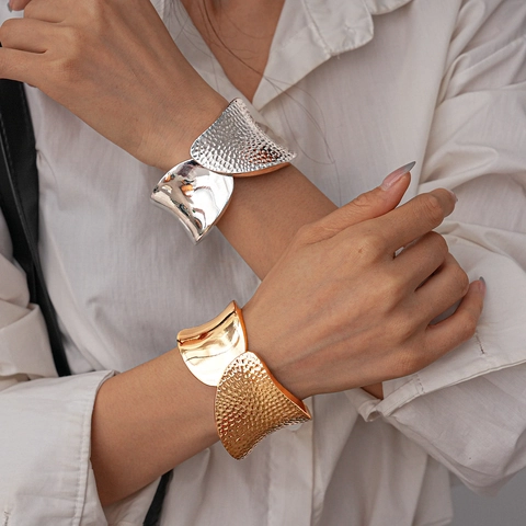 Irregular Hammered Cuff Bangle Alloy Open Wide Bracelet Geometric Industrial Style For Women