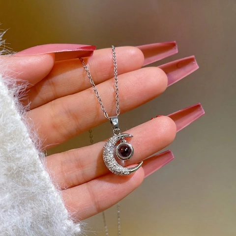Crescent Moon Projection Necklace Titanium Steel Chain Copper Zircon Pendant Hundred Languages I Love You Romantic Gift For Her