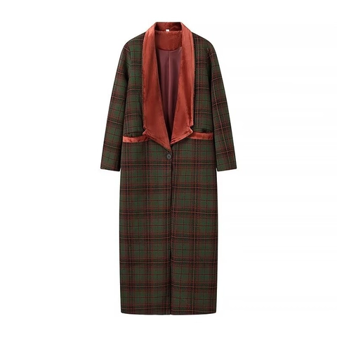 Manteau Long À Carreaux Pour Femmes Style Britannique Revers Velours Patchwork Boutonnage Simple Élégant