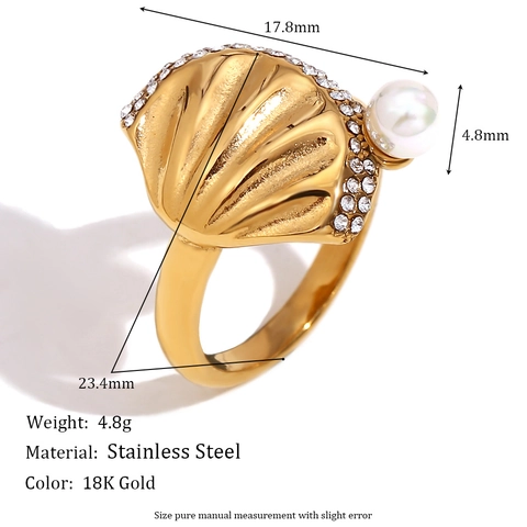 Anillo De Concha De Vieira Acero Inoxidable Chapado En Oro De 18K Con Perla Artificial Y Diamantes De Imitación Joyería Elegante