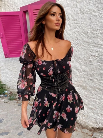 Geblümtes Schulterfreies Minikleid Chiffon Laternenärmel Korsett Schnürung Taille Retro Vintage Damen Party Outfits