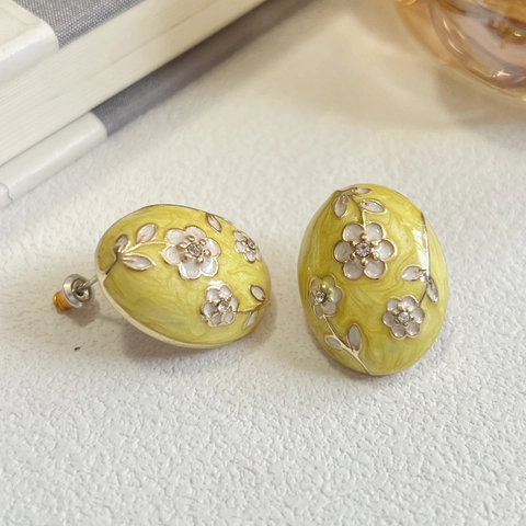 Palace Vintage Oval Enamel Stud Earrings With 925 Sterling Silver Earring Post Zinc Alloy Floral Rhinestone Jewelry For Women