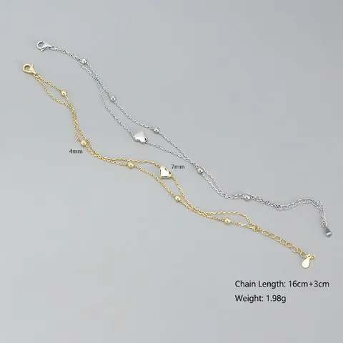 Pulsera de Plata de Ley 925 de Doble Capa Para Mujer Corazón Minimalista Coreano Cadena Delgada Con Cuentas Joyería Regalo